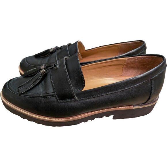 Franco Sarto Carolynn Lug Sole Loafer with Tassel Women's 8.5 M Black Leather - Picture 1 of 7